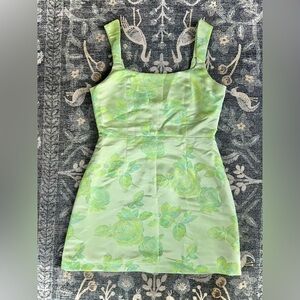 Lulu’s Brighter Side Light Green Floral Satin Jacquard Mini Dress